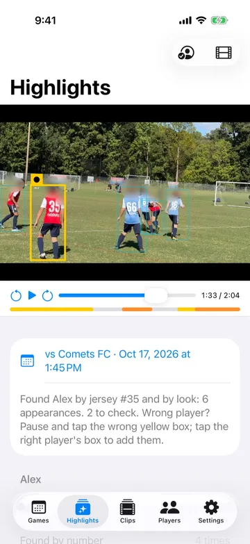 KudosReel following player #35 in a yellow box through the game video
