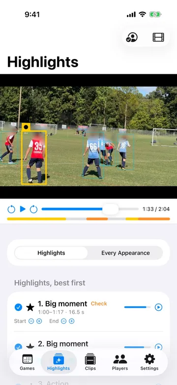 KudosReel Highlights screen: the followed player, #35, in a yellow box in the game video, above a ranked list of their best moments with scores and trim controls