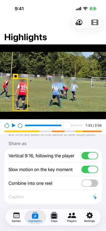 Share options in KudosReel: vertical 9:16 following the player, slow motion on the key moment, combine into one reel